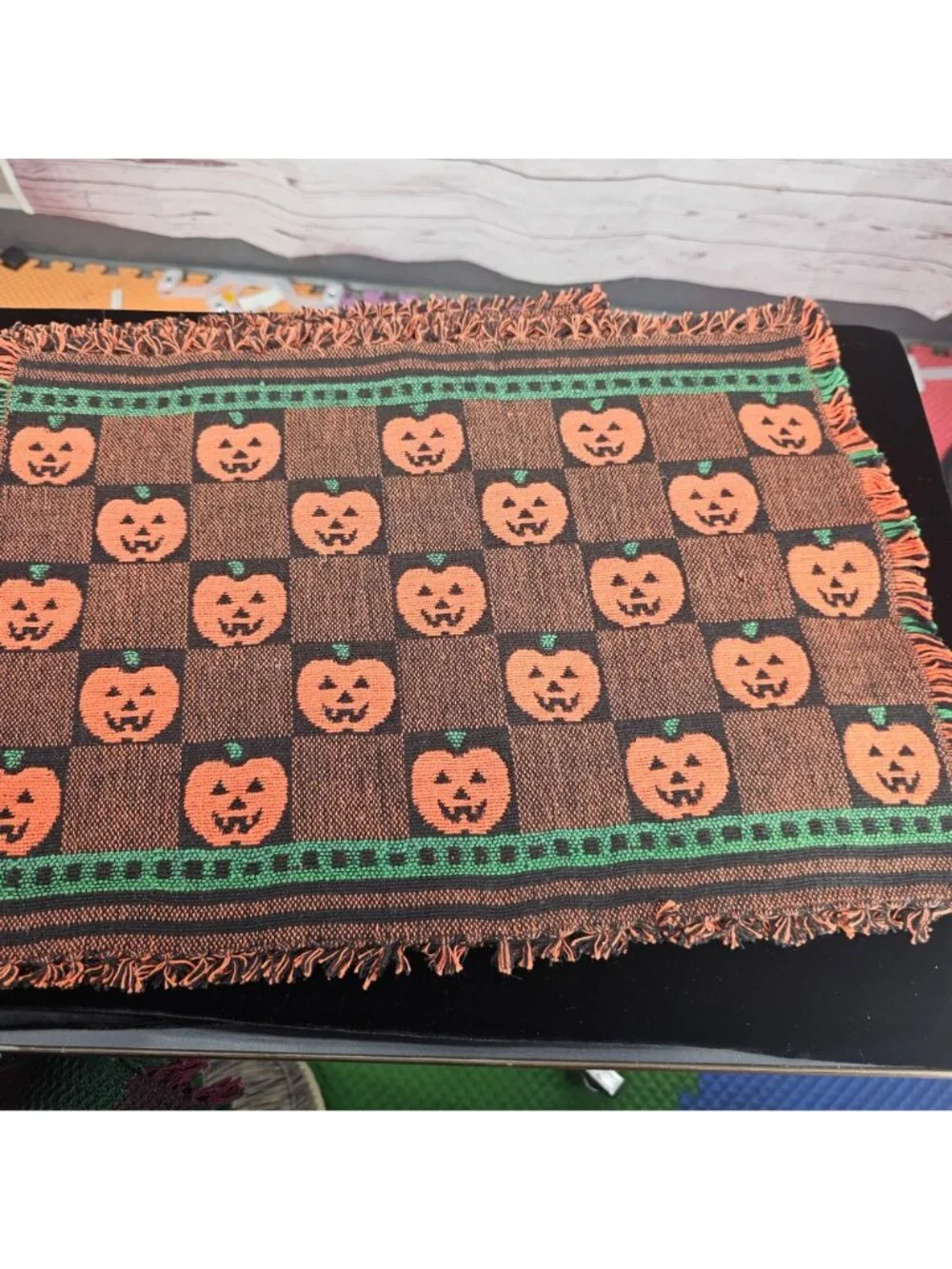 Vintage Halloween Woven Pumpkin Placemat Set Of 4 With Fringe - Black & Orange J
